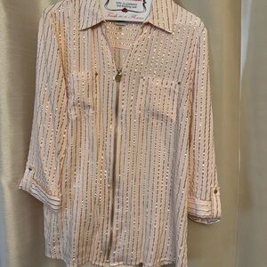 Anne Klein Light Pink Shirt with Gold Stripe Zip Front